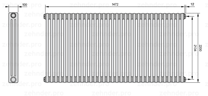Схема (чертеж) Радиатор Zehnder Charleston 3220/32 №7610 Белый глянцевый RAL 9016